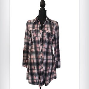 Women's Ultra Flirt Plaid Button Front  Pink/Black/White/Gray Dress Sz Large
